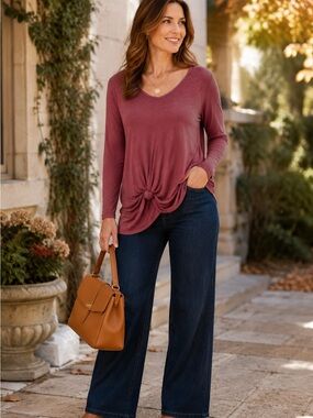Gypsy Junkies Burgundy Side Knot Long Sleeve Scoop Neck Asymmetrical Top Boho